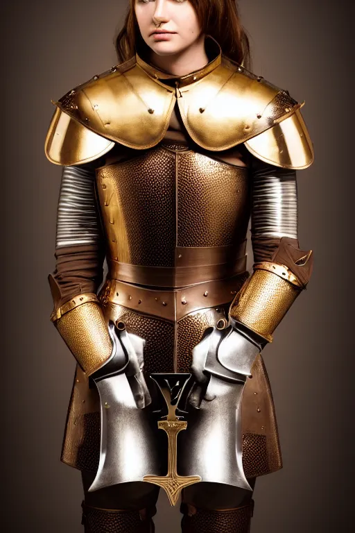 Image similar to female medieval knight, leather armor, brown hair, by louis vuitton, gold and luxury materials, symmetrical, cinematic, elegant, professional studio light, real dlsr photography, sharp focus, 4 k, ultra hd, sense of awe, high fashion