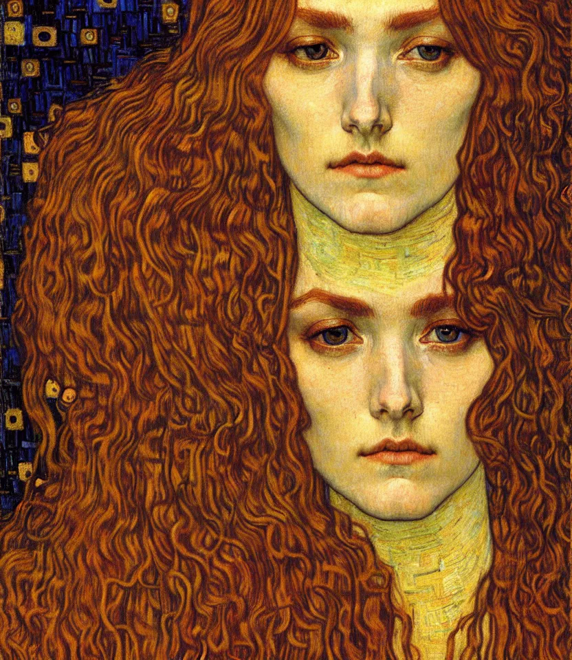 Image similar to detailed realistic beautiful young medieval queen face portrait by jean delville, gustav klimt and vincent van gogh, art nouveau, symbolist, visionary, gothic, pre - raphaelite, muted earthy colors, desaturated