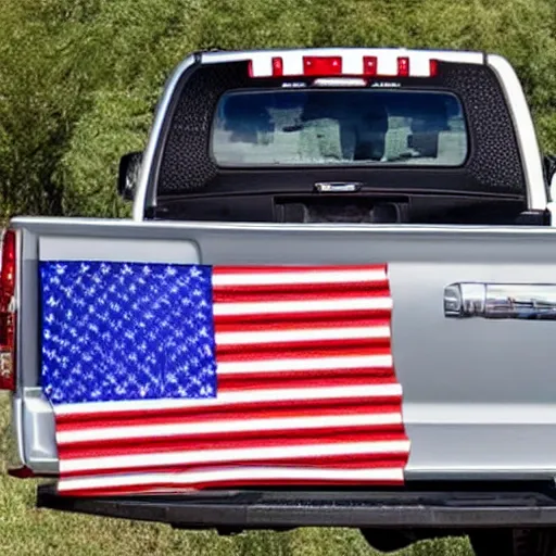 Prompt: pgoto of trump pickup trucks with american flags, there are very attractive woman in the back of the truck.