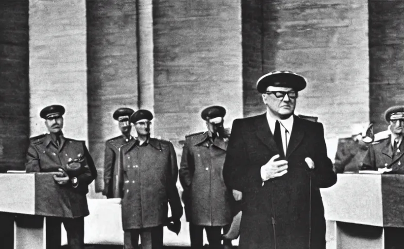 Prompt: 60s movie still of Josip Broz Tito with his general's cap delivering a speech at a magnificient sovietic congress with Lenin statues, by Irving Penn , kodakchrome, heavy grainy picture, very detailed, high quality, 4k, HD criterion, precise texture