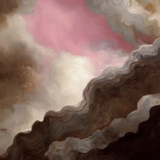Prompt: a painting of white and pink swirls on a mountain, a detailed painting by hua yan, rembrandt, deviantart, analytical art, detailed painting, oil on canvas, high detail