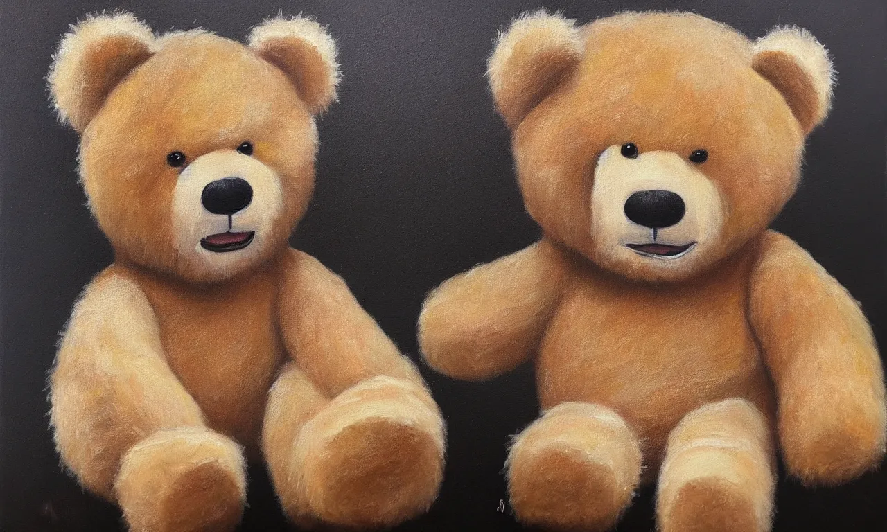 Prompt: a fluffy and cuddly teddy bear, oil on canvas painting