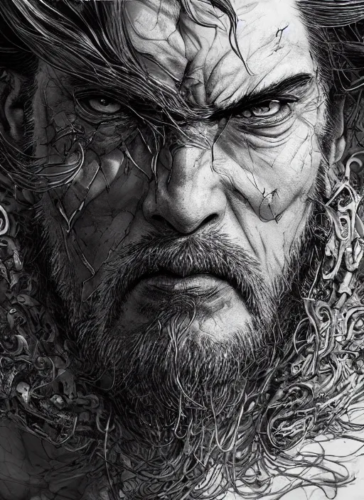 Image similar to close up portrait of dread, powerful, domineering, stoic, masterful, intense, ultrafine hyperdetailed illustration by kim jung gi, irakli nadar, intricate linework, sharp focus, octopath traveler, yoji shinkawa, highly rendered, detailed, concept art