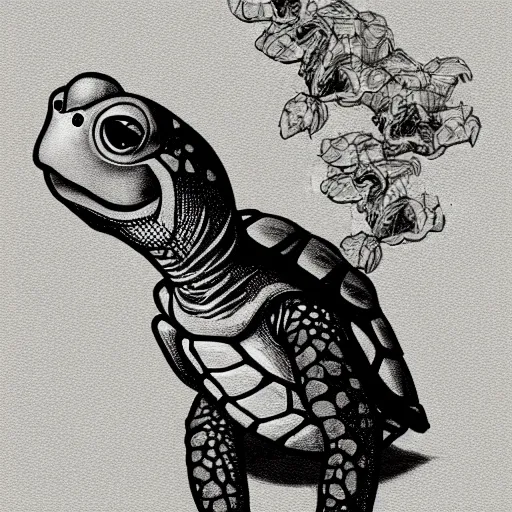 Image similar to storybook illustration of a turtle smoking a cigarette, storybook illustration, monochromatic
