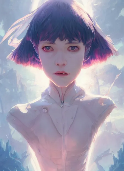 Image similar to highly detailed portrait of rei ayanami, stephen bliss, unreal engine, fantasy art by greg rutkowski, loish, rhads, ferdinand knab, makoto shinkai and lois van baarle, ilya kuvshinov, rossdraws, tom bagshaw, global illumination, radiant light, detailed and intricate environment