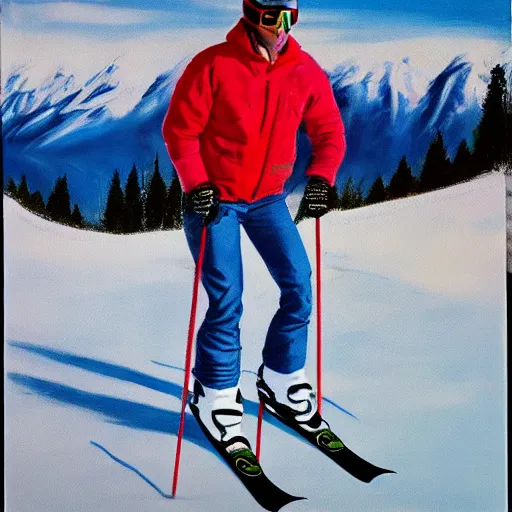 Image similar to Richard Bruce Cheney, skiing, Richard Bruce Cheney wearing acid-washed blue jeans, powder day, epic mountain background, painting