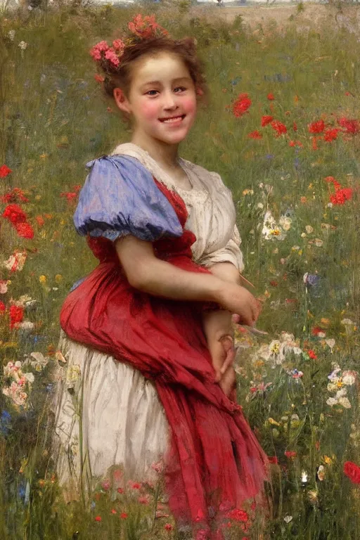 Prompt: Solomon Joseph Solomon and Richard Schmid and Jeremy Lipking victorian genre painting portrait painting of a laughing young village girl in an open field of flowers, red background