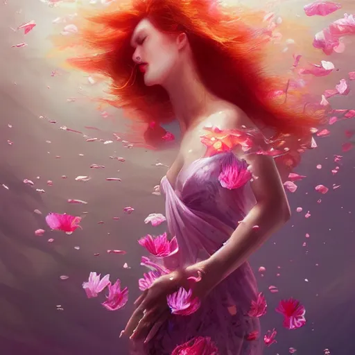 Image similar to portrait Ginger woman in a swirling sundress of flowers, underwater, floral explosion, radiant light, vortex of plum petals, by WLOP and artgerm, artstation, deviantart