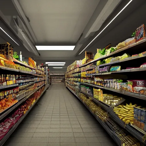 Image similar to grocery store aisle at the bottom of the ocean, cinematic movie scene, 120mm wide shot, precise architectural rendering, concept art, unreal engine, octane render, god rays