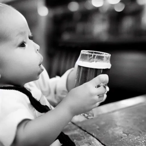 Image similar to an award winning photograph of a toddler downing a beer at the pub, holding a cigarette