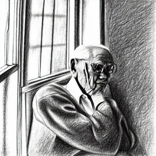 Image similar to pencil drawing of an old man in a nursing home looking out the window and remembering his youth, artistic illustration, stylized, detailed
