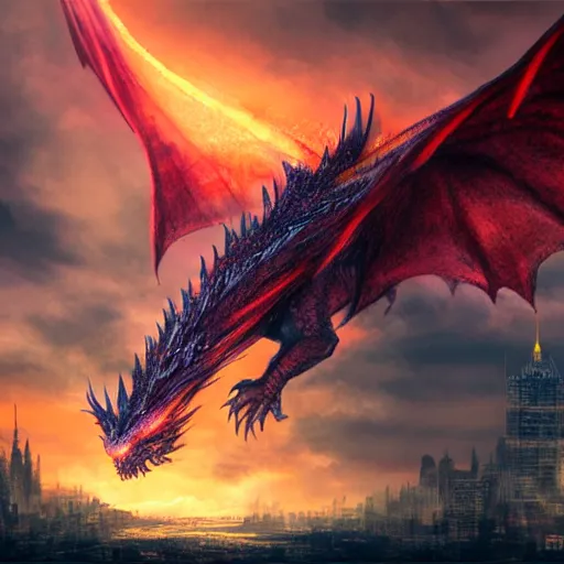 Image similar to large dragon flying over a city breathing fire, etheral, matte painting