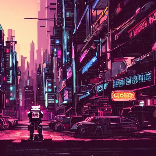 Image similar to robot corgi in a post - apocalyptic cityscape, dystopian, cyberpunk, detailed digital illustration, neon lights