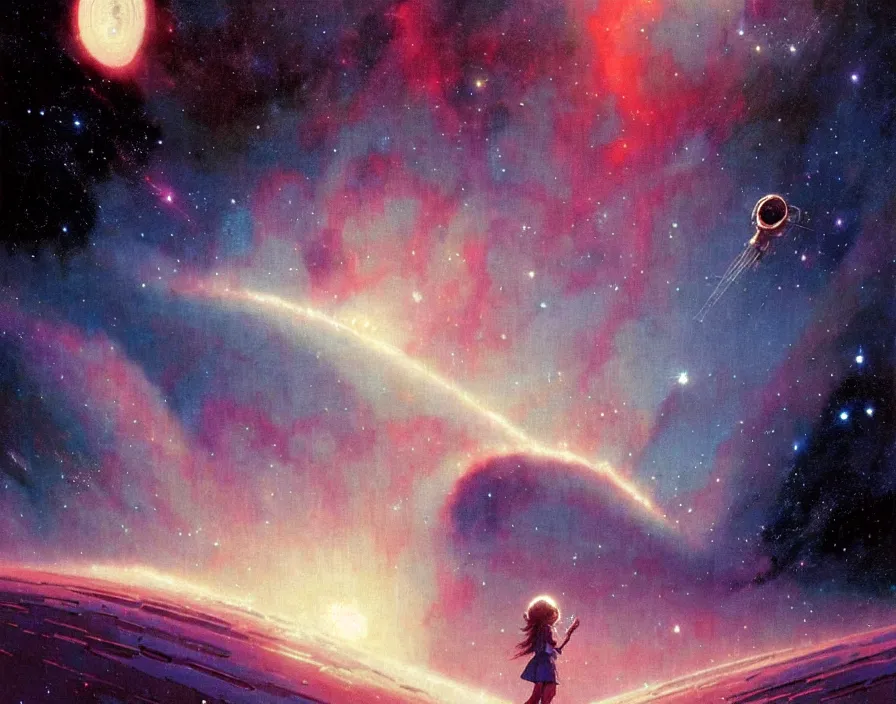 Image similar to illustrated by moebius and greg rutkowski, romantic!!! space scene!! with standing young girl!!!!, orbit of earth!, futuristic orbital station!!!!, nebulae!!, starry sky!!, rule of third!!!!, vintage cover of sci - fi magazine, cinematic!!