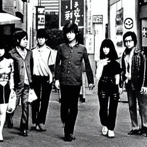 Prompt: 1 9 7 0 s japanese tv show, body - horror, bw, mechanical inhuman monsters walking the streets of shinjuku,