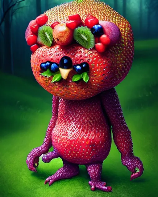 Image similar to a fruit figurine monster made of different fruit, 3 4 5 3 1, walking around in a forest, staring wide open eyes, open mouth, very detailed eyes, trees in the background, sunlight, oil painting, highly detailed, dramatic lighting, hyperrealistic, 8 k, smooth, intricate, artstation, cgsociety, by artgerm, by wlop