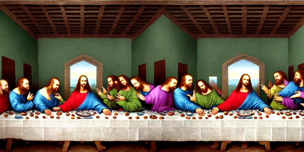 Prompt: the last supper with green sentient blobs, horror, painted by leonardo da vinci, greg rutkowski, artgerm, masterpiece, 4 k hyper realistic