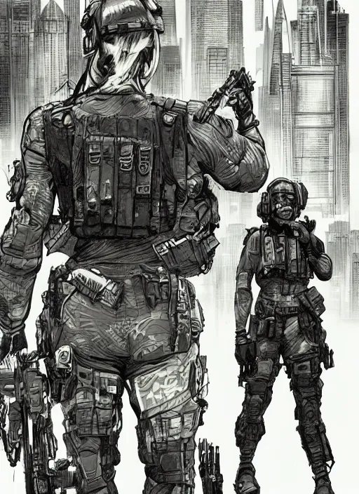 Image similar to Dinah. USN special forces operator looking at city skyline. Futuristic stealth suit. mgs and rb6s Concept art by James Gurney, Alphonso Mucha, matt rhodes.