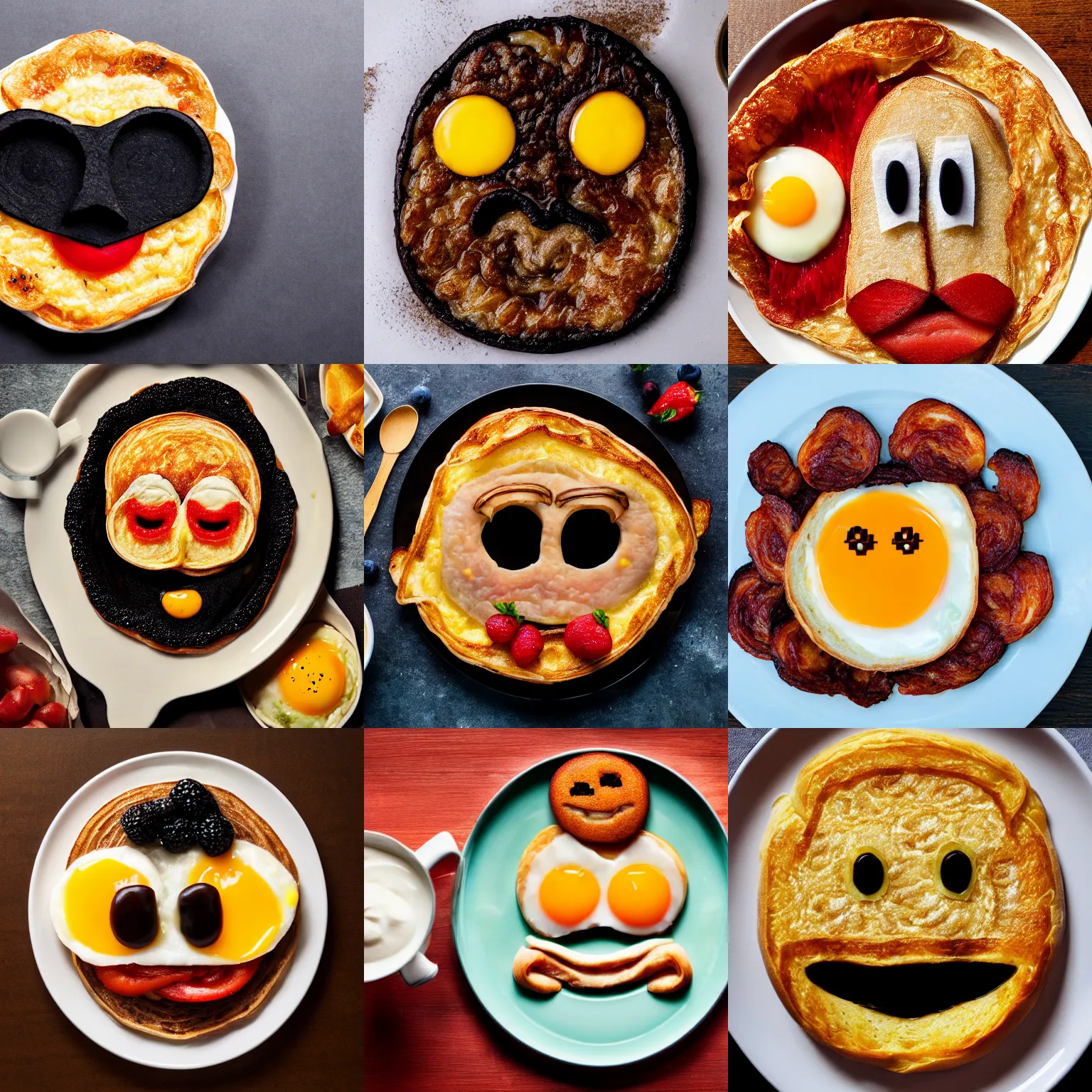Prompt: breakfast food in the shape of a face, 4k, photograph, high quality
