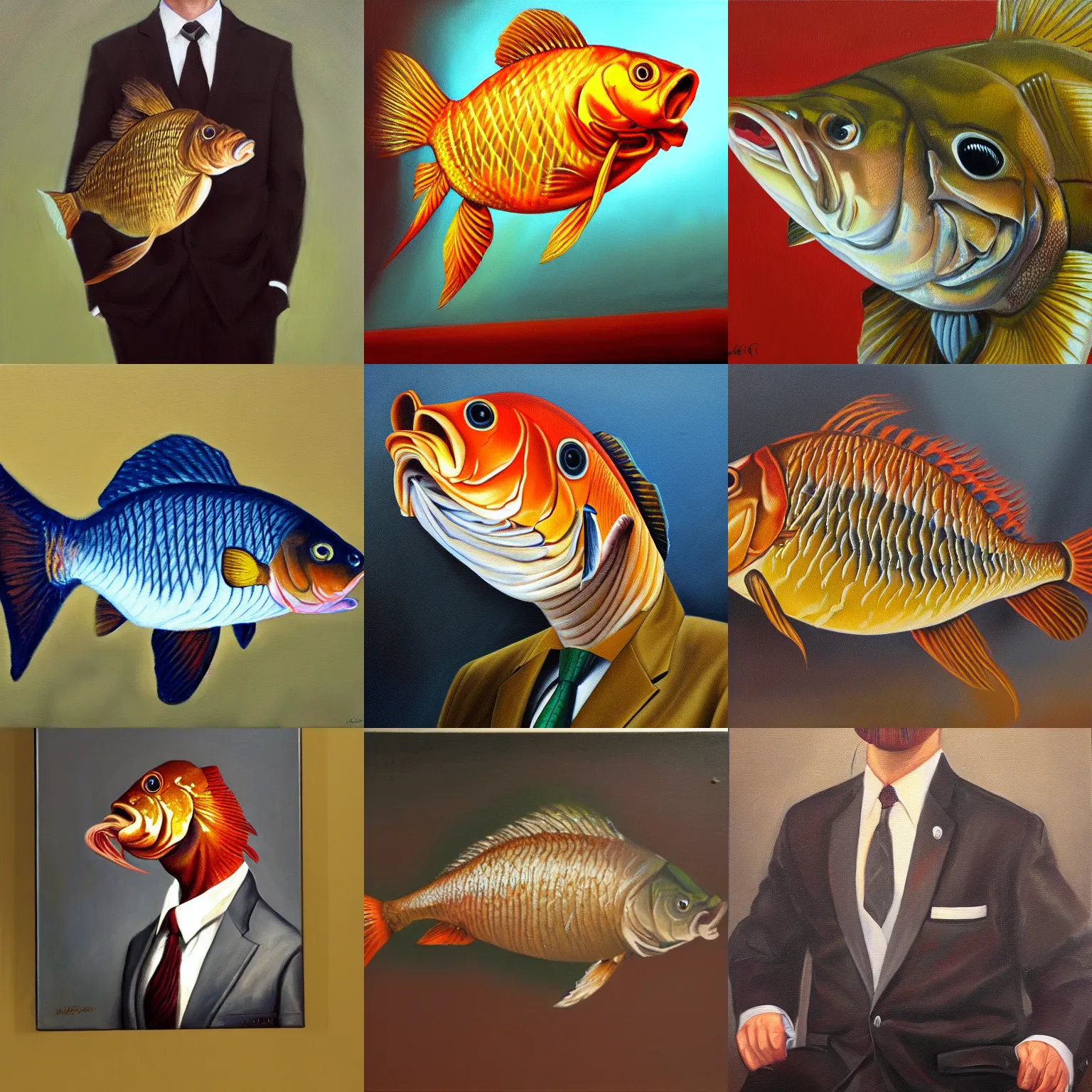 Image similar to a photorealistic oil painting portrait of a carp fish wearing a suit and tie