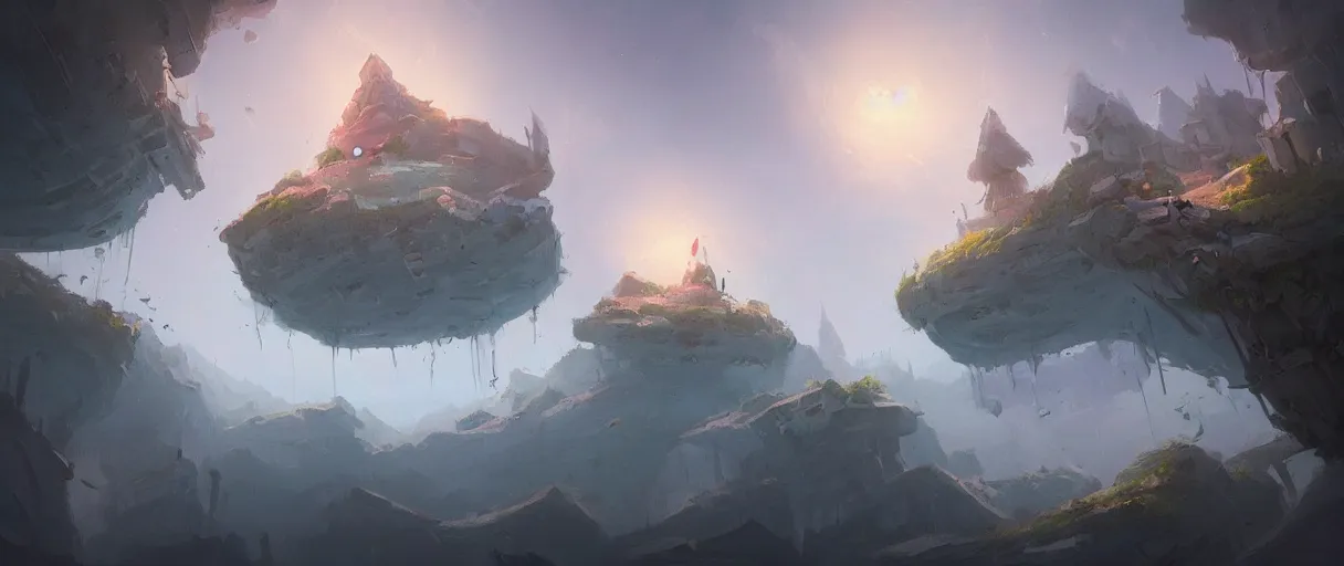 Image similar to floating islands in void concept art, low angle, cinematic, style of Jordan grimmer