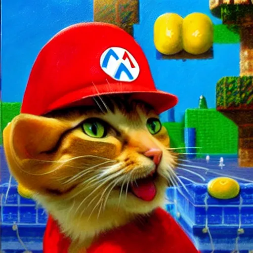 Prompt: A beautiful oil painting of a Cat wearing a Super Mario Hat, nintendo, box art, intricate, volumetric lighting, summer, hyperrealistic, colorful, hyperdetailed.