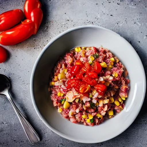 Prompt: A plate of maize porridge with tomato and onion relish, professional photography, 8k, food photography