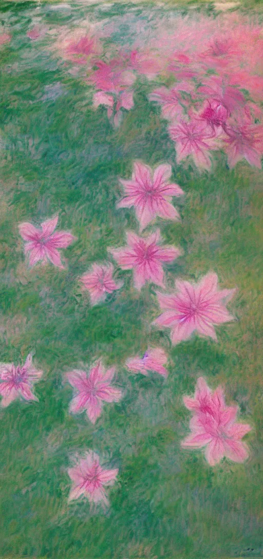 Image similar to beautiful pink dripping clematis by claude monet, oil on canvas