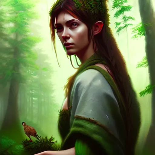 Image similar to a pretty female druid surrounded by forest animals, digital painting, photorealistic, in the style of greg rutkowski, highly detailed, realistic