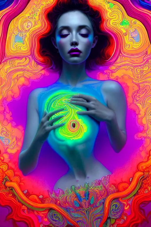 Prompt: a beautiful woman engulfed in colorful liquid smoke and neon clouds, a colorful psychedelic experience, dmt, lsd, highly detailed, artstation, concept art, smooth, sharp focus, illustration, digital art by hana yata, and artem demura and beeple, alphonse mucha, chromostereopsis, octane render, unreal engine, 8 k