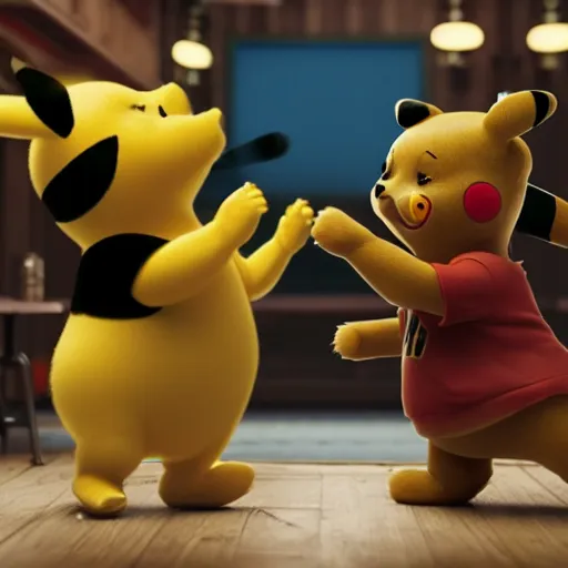 Prompt: ultra realistic photo of winnie the poo and pikachu in a bar fight, photorealistic, cgi, cinema, movie screenshot, polaroid, highly detailed, very intricate, octane render