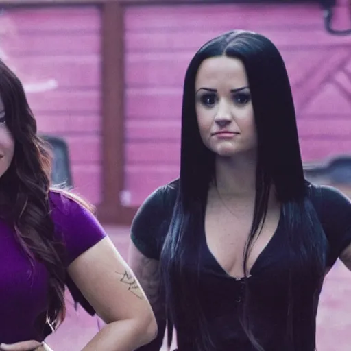 Image similar to Demi Lovato as Piper Halliwell and Selena Gomez as Phoebe Halliwell and Ariana Grande as Prue Halliwell in a Charmed movie directed by Christopher Nolan, movie still frame, promotional image, imax 35 mm footage