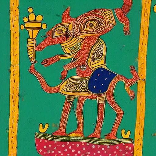 Image similar to boy with gold crown riding pig in style of Gond Paintings