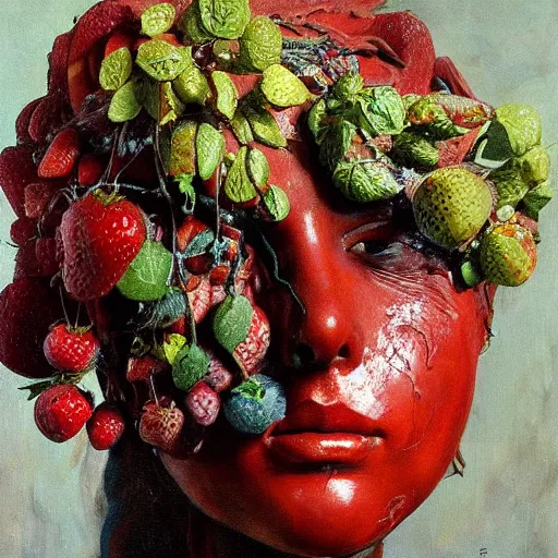 Prompt: a sculpture portrait made of candys and strawberries and melted chocolate and plants, painting part by wojciech siudmak, part by ilya repin, part by max ernst, part by norman rockwell, artstation