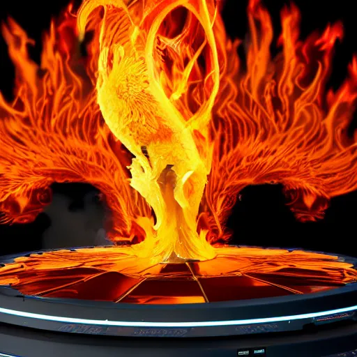 Image similar to a flaming phoenix sitting on a pile of harddisks protecting a database, 8 k, 3 5 mm