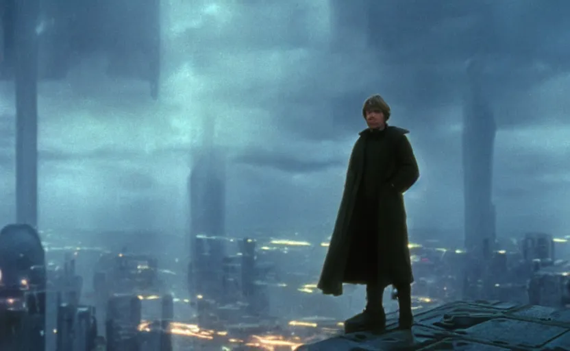 Image similar to iconic cinematic still portrait shot of luke skywalker downtrodden standing with a view of coruscant at sunset, from the thrilling scene from the 1 9 9 0 s sci fi film directed by stanley kubrick, moody cinematography, foggy volumetric lighting, hyper detailed scene, anamorphic lenses 2 4 mm, lens flare, award winning