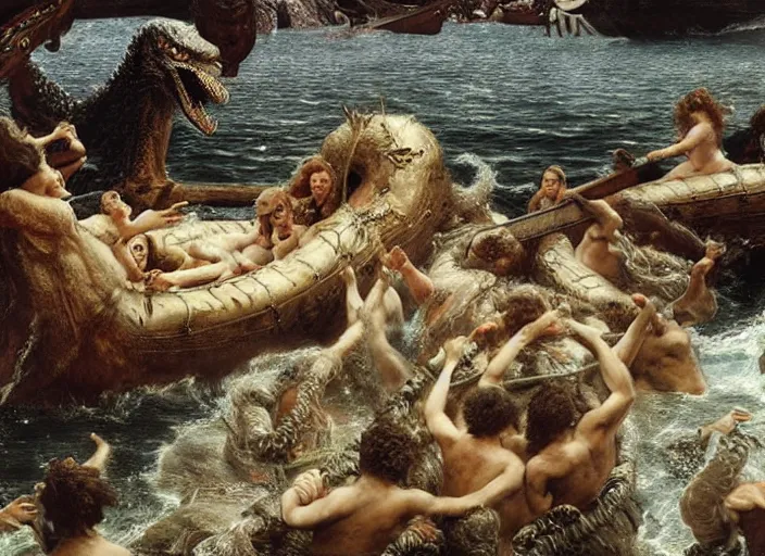 Image similar to godzilla attacking the raft of the medusa, painting by lawrance alma - tadema, hyper - realistic, highly detailed