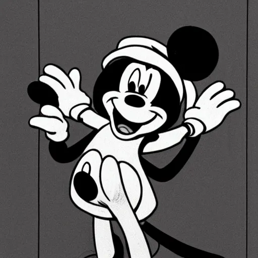 Image similar to mickey mouse is a monster in a nightmare, black and white