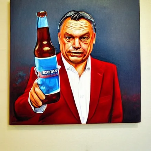 Image similar to viktor orban with a beer, anatomically correct, oil painting, highly detailed