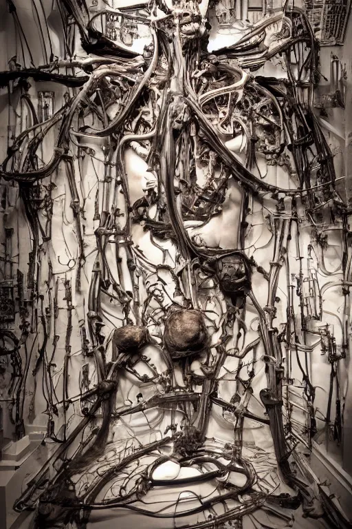 Prompt: inside a museum, a room where anatomical torso body parts are piece of arts by Rob Bottin at night biomechanical, filth and grim, wires and strings, very detailed, ultra realistic photography, grainy image