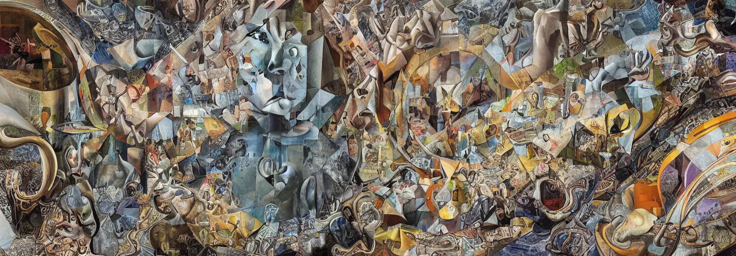 Image similar to Mural of raising AI art by Chor Boogie and Salvador Dali and M. C. Escher collaboration, digital art, mix of aesthetics, close up, high details