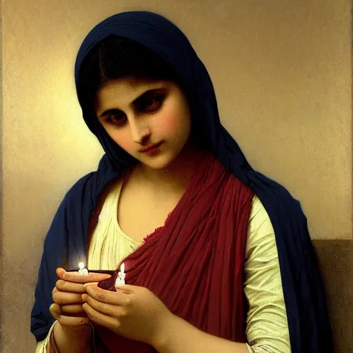 Prompt: a Pakistani woman holding a candle, painting by William Adolphe Bouguereau