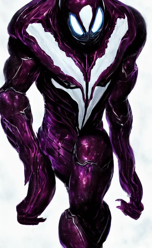 Image similar to venom in a venom inspired ironman suit, purple, black and red, dynamic lighting, photorealistic fantasy concept art, trending on art station, stunning visuals, terrifying, creative, cinematic