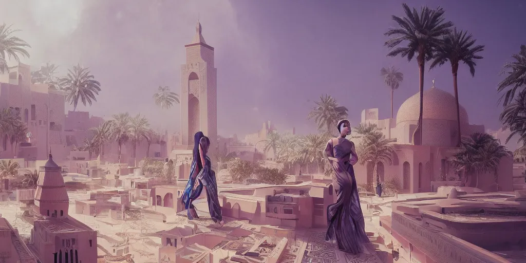 Image similar to Futuristic Morocco, palm trees , Moroccan mosque ,WLOP, flying cars ,James Jean, tom bagshaw, rococo, trending on artstation, fantasy, intricate, elegant, highly detailed, digital painting, concept art, smooth, illustration, cinematic lighting, hyper realism, octane render, 8k, hyper detailed.