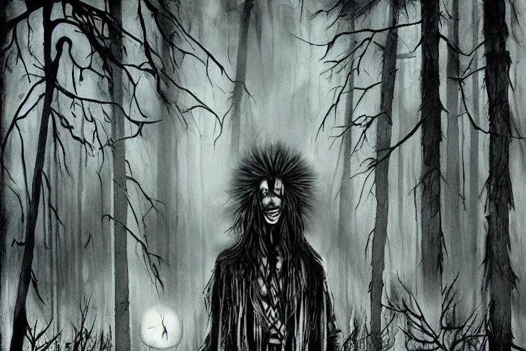 Image similar to mad native american skinwalker in grim forest artwork by ben templesmith