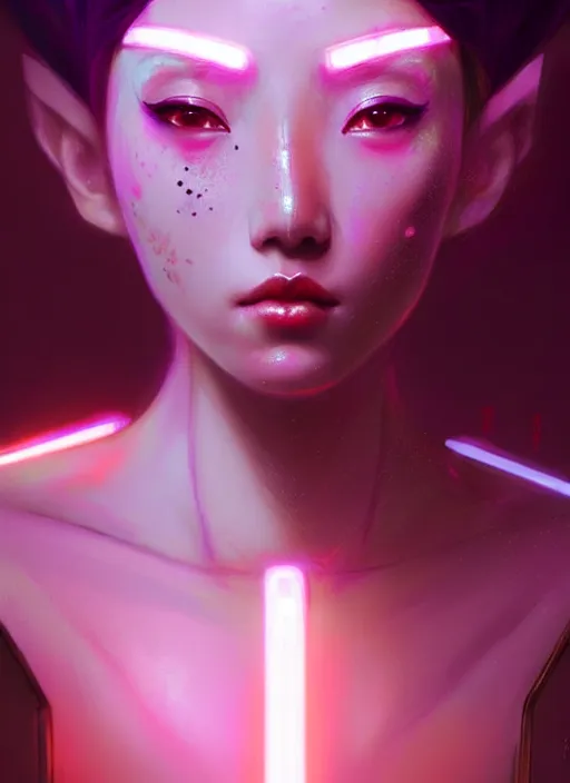 Image similar to sensual oriental female humanoid with freckles, by loish, d & d, fantasy, cyber neon lighting, futurism, intricate futuristic jewelry accessories, cyberpunk high fashion, profile posing, hyper photorealistic, digital photography, artstation, pinterest, concept art, art by pascal blanche and greg rutkowski,