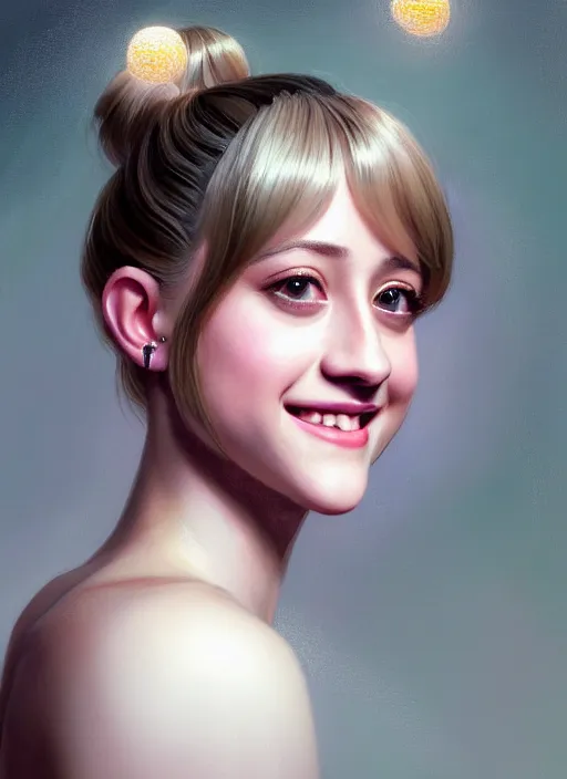 Prompt: portrait of lili reinhart with fluffy bangs, smiling kindly, bangs, 1 9 6 0 s, ponytail, fluffy bangs and ponytail, intricate, elegant, glowing lights, highly detailed, digital painting, artstation, concept art, smooth, sharp focus, illustration, art by wlop, mars ravelo and greg rutkowski