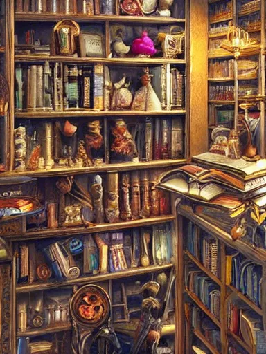 Image similar to a really messy shelf, full of different trinkets and books. intricate, elegant, highly detailed, digital painting, artstation, concept art, sharp focus, illustration, by justin gerard and artgerm, 8 k