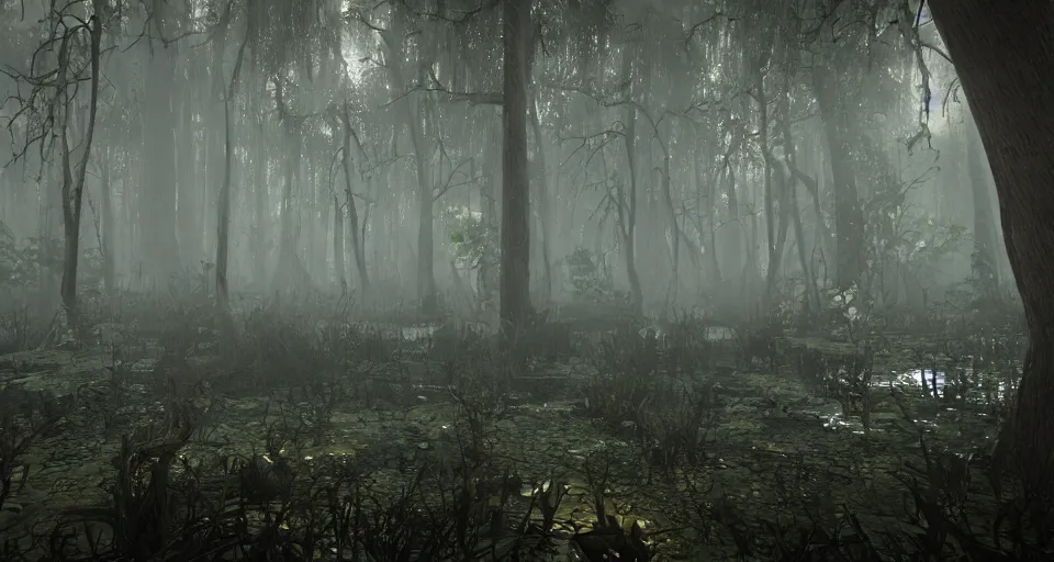 Prompt: A dense and dark enchanted forest with a swamp, with Unreal Engine