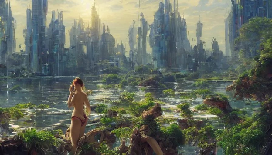 Prompt: capital city of the free republic of lberland, attractive women enjoying water in the foreground, humongous green glass dome and path around it and humongous futuristic glass buildings built in the horizon, sunset light, hyperdetailed, artstation, painting by gaston bussiere, craig mullins, j. c. leyendecker, 8 k